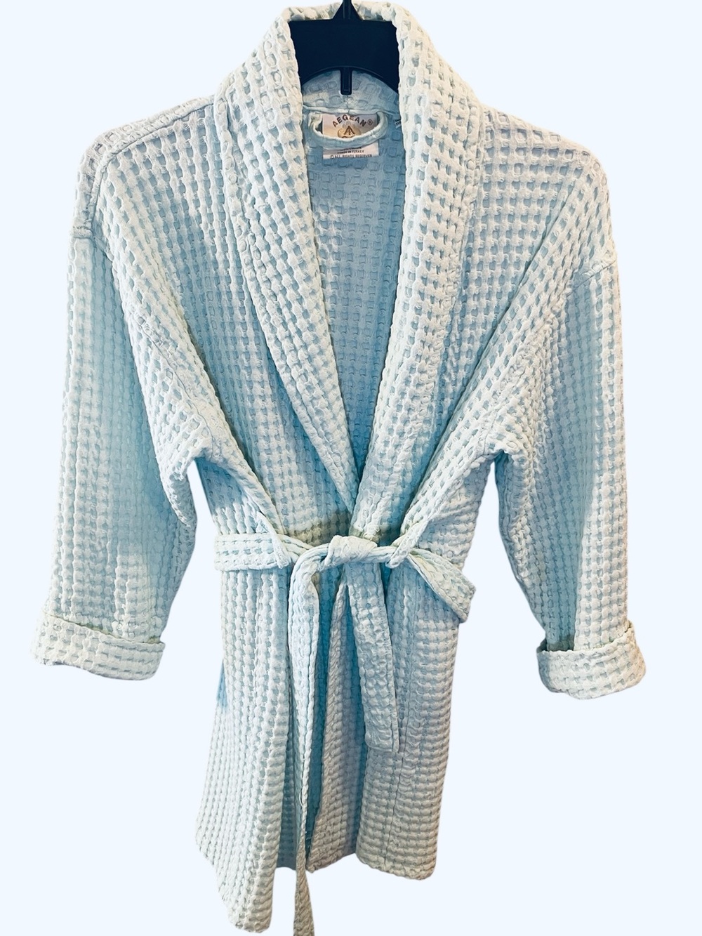 Short Kimono Waffle Weave Robe in Mint Green with Two Patch Pockets and Belt.